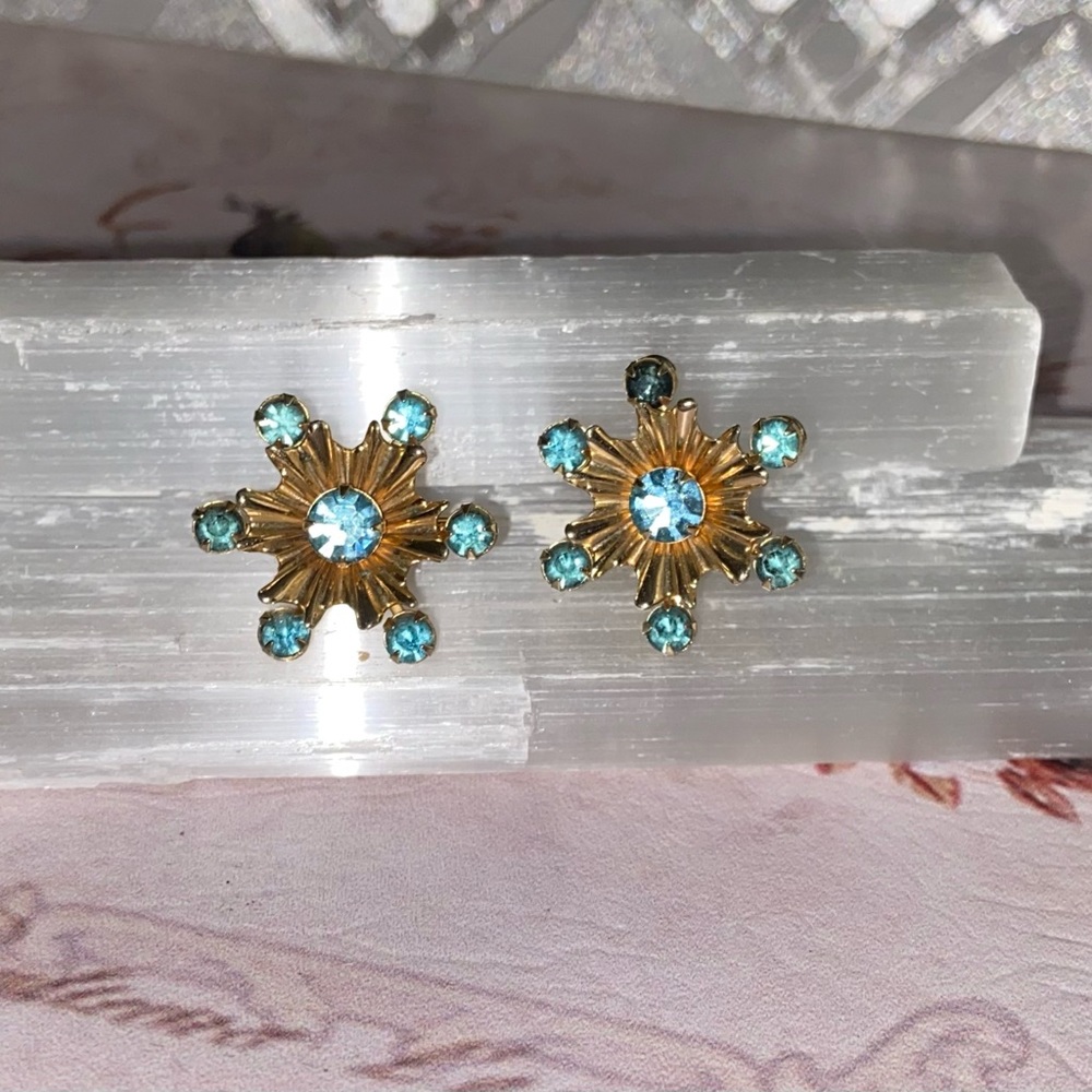 Vintage 1950s Sputnik Ice Blue Rhinestone Starburst Space Age Retro Earrings